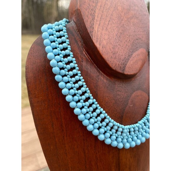 Vintage 1940's Handmade Egg Shell Blue Beaded Collar Necklace Woven Various Size - Picture 2 of 5